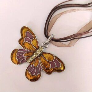Butterfly Inlaid Zircon Champagne Pendant Ribbon Charm Necklace